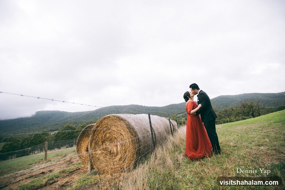 Couple kissing in a field with hay bales