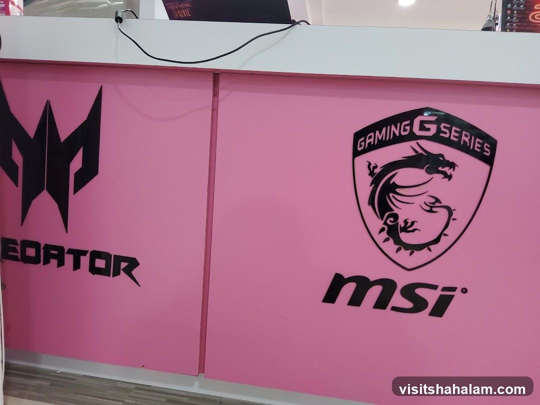 Pink counter with brand logos
