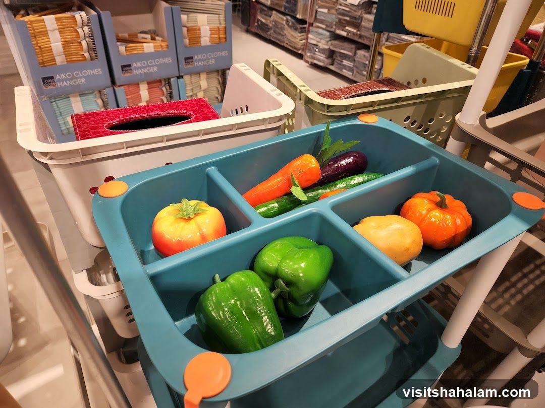 Display of kitchen organizers and artificial produce