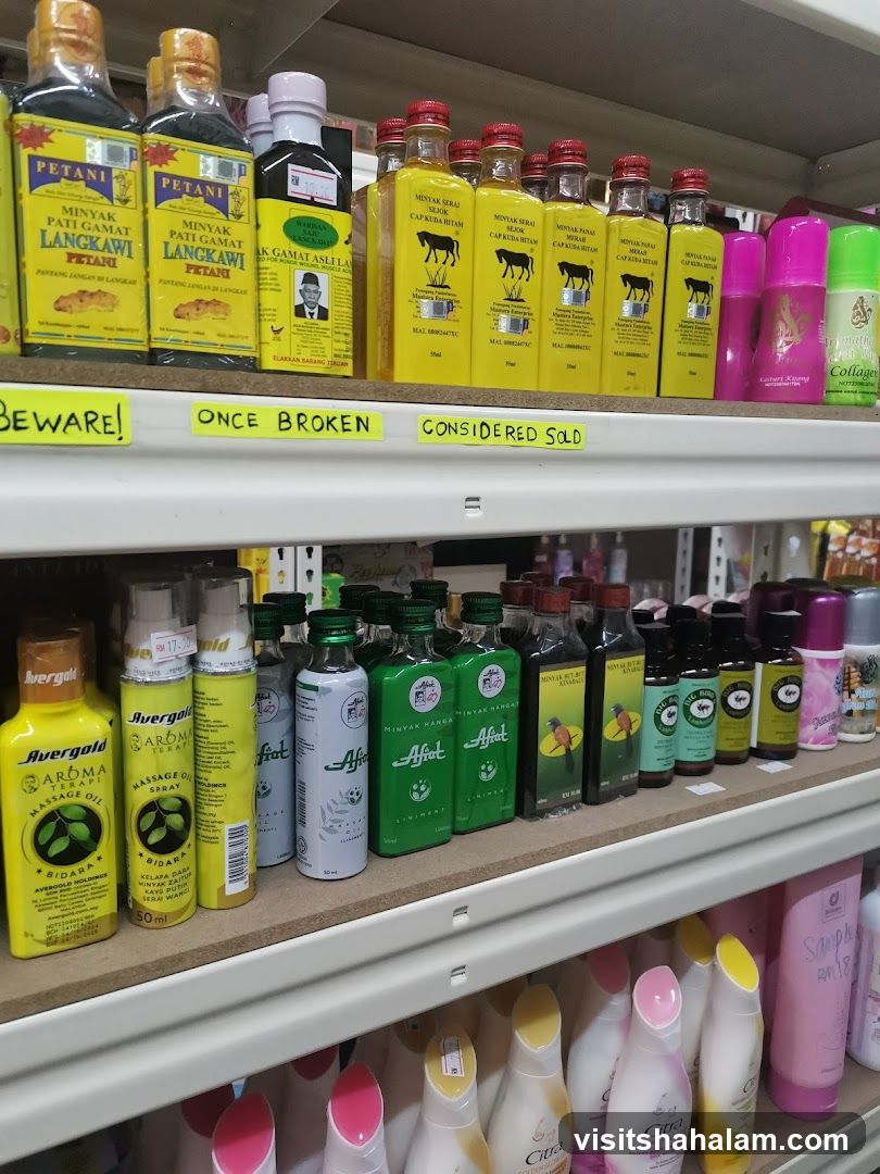 Various oils and lotions on shelves