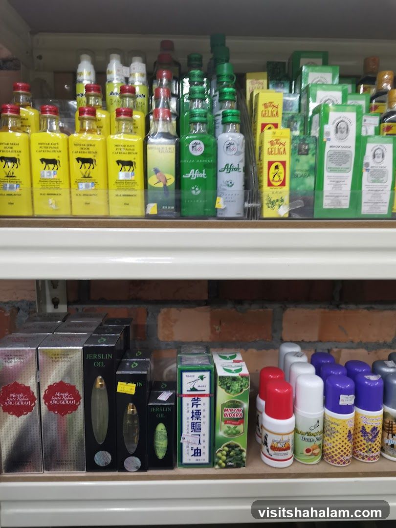 Bottles and boxes of traditional oils and remedies on shelves