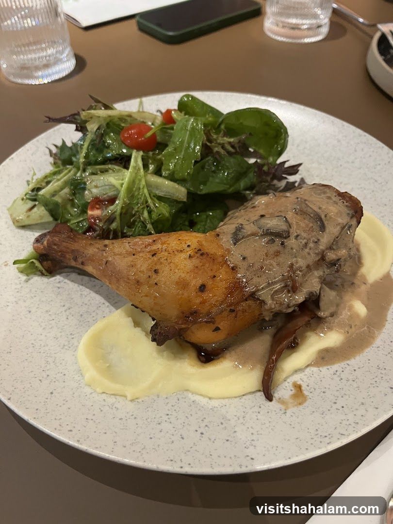 Chicken dish with mashed potatoes and salad