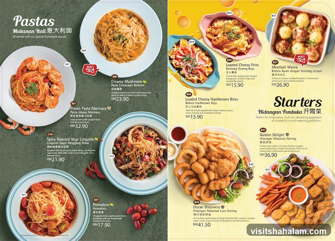 Pastas and Starters Menu