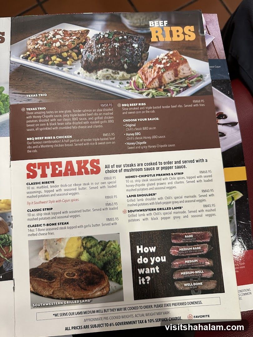 Beef Ribs and Steaks Menu