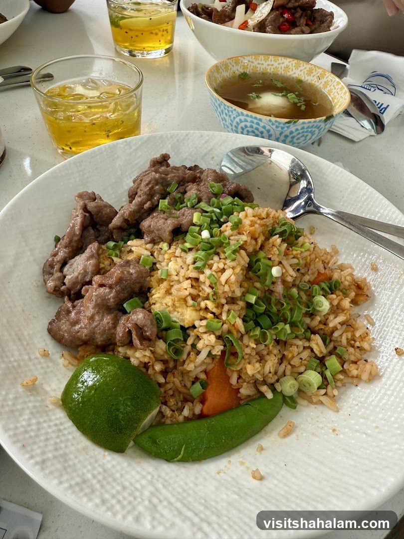Beef Fried Rice with Side Soup and Drinks