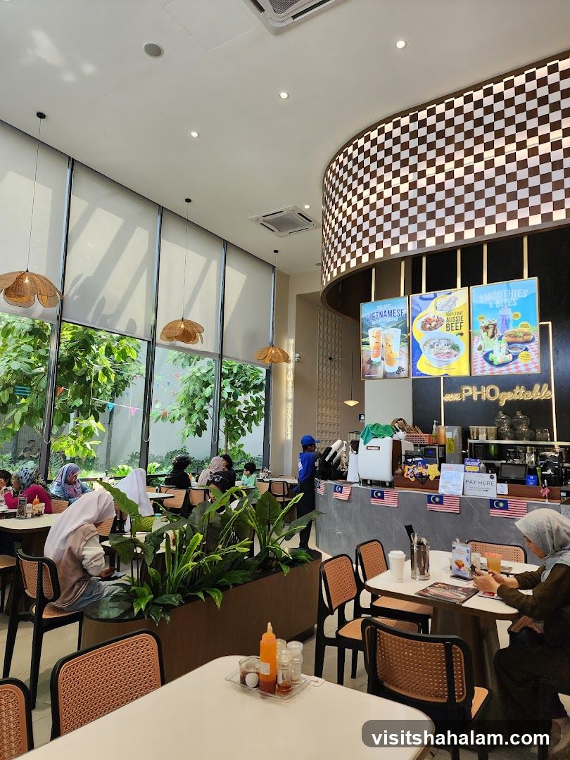 Interior of a restaurant with customers dining