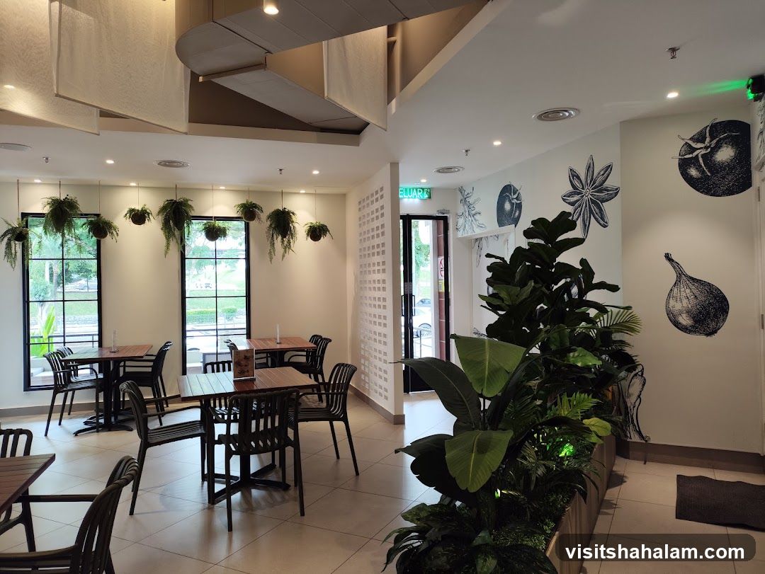 Restaurant Interior with Hanging Plants and Botanical Wall Art