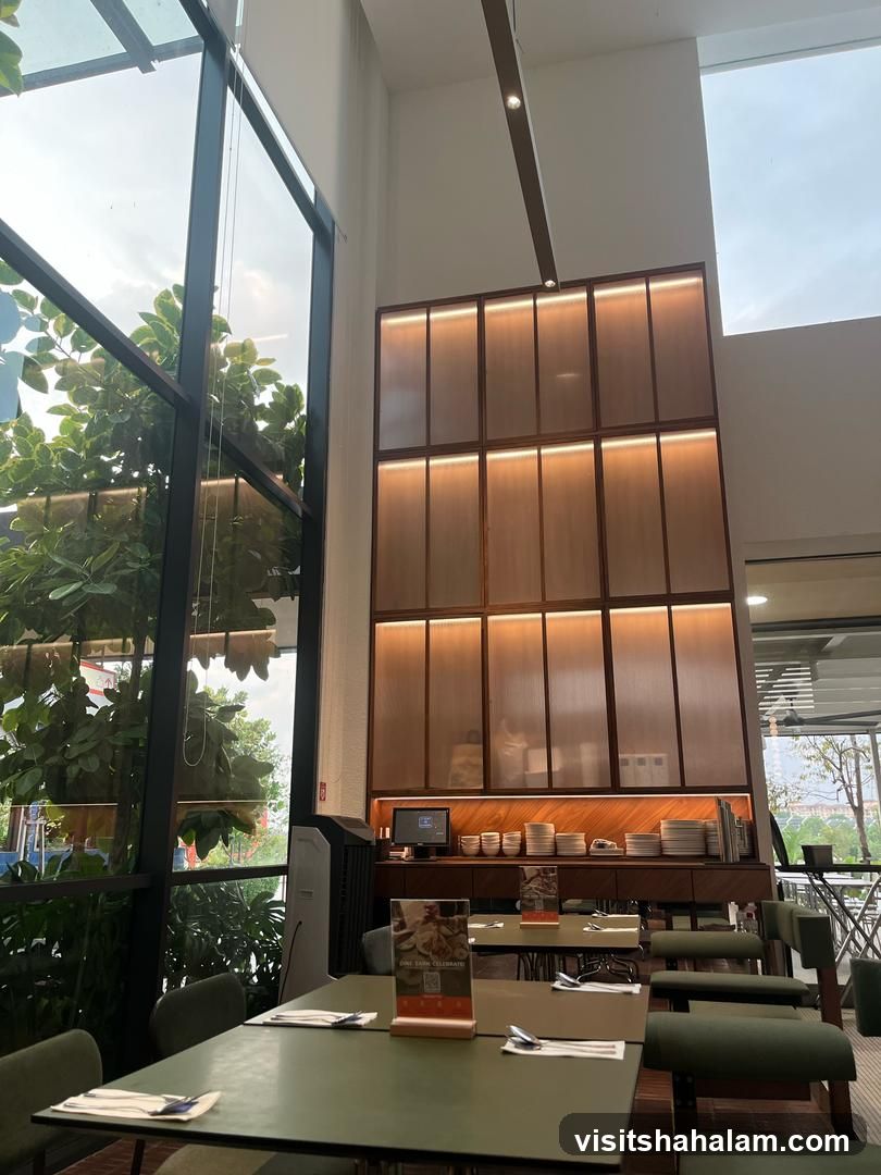 Restaurant Interior with Large Windows and Shelving