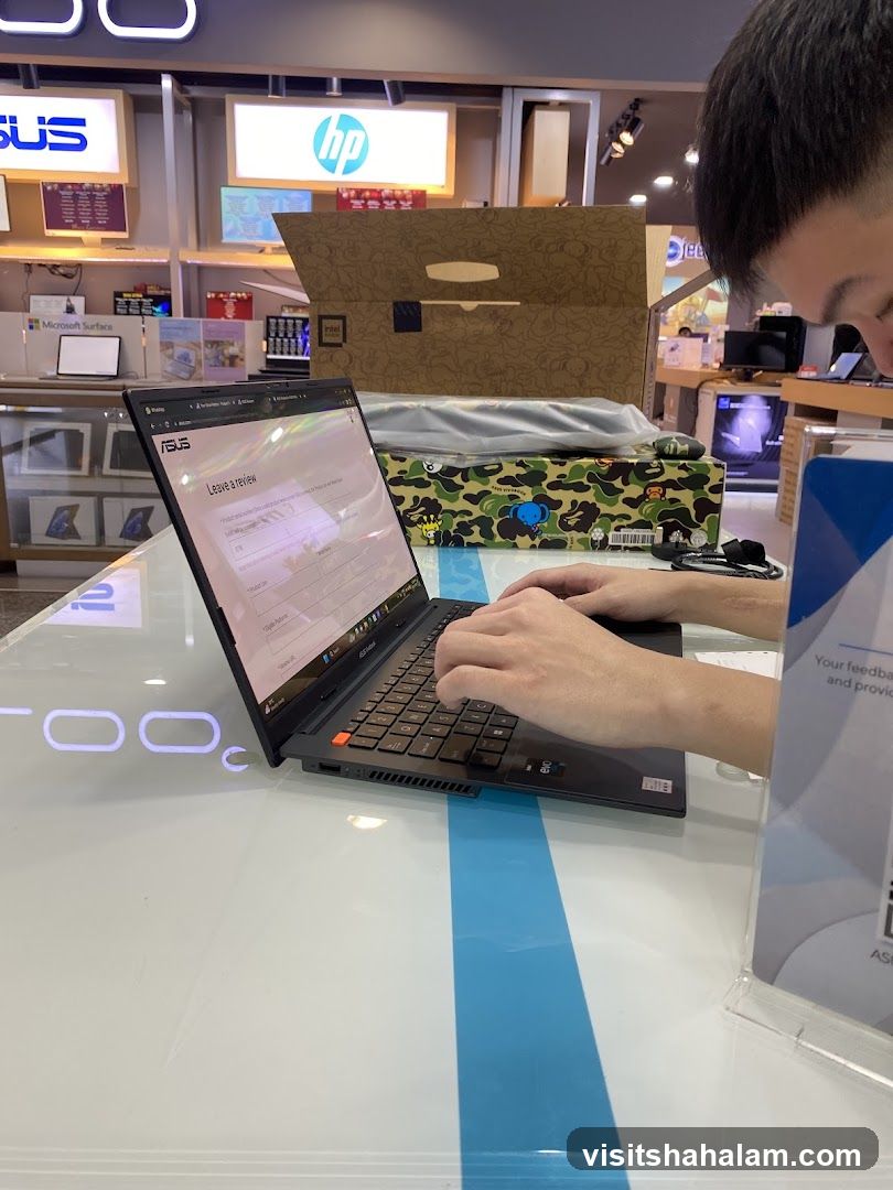 Customer using a laptop in an electronics store