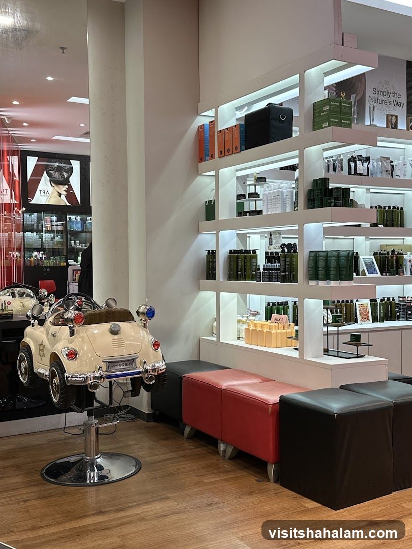Salon Interior with Product Displays and Seating