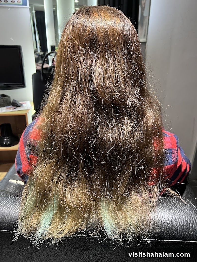 Woman with long, layered brown hair with light blue tips