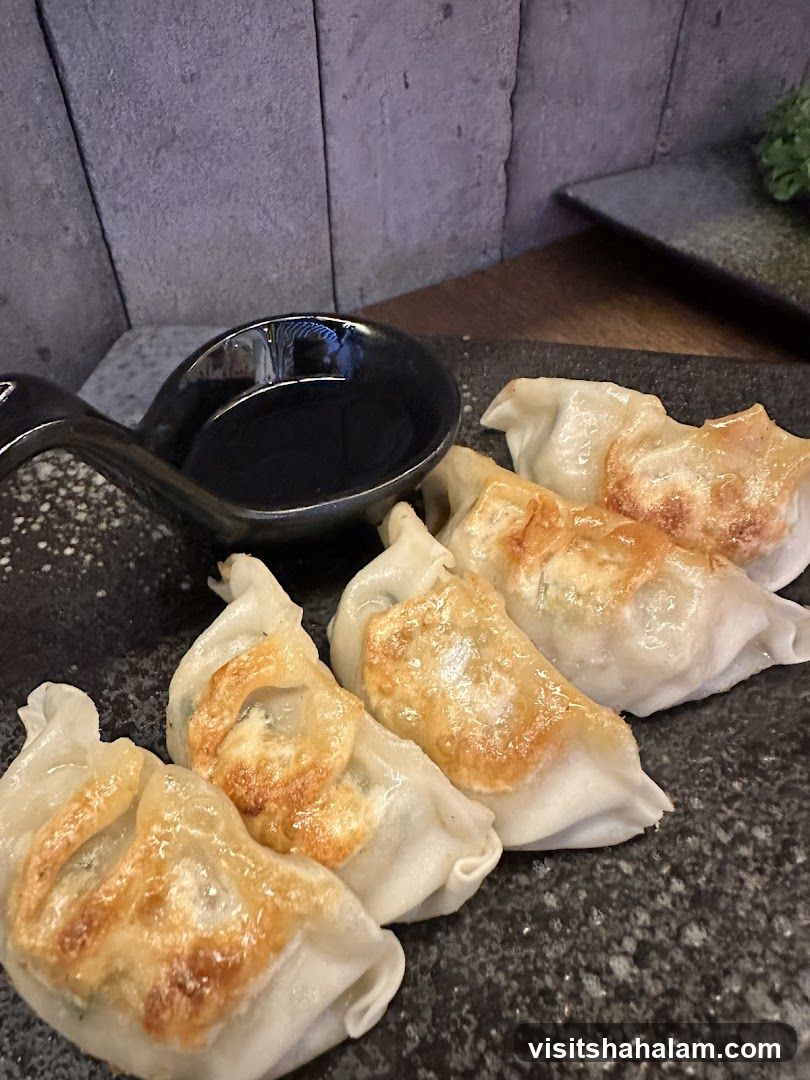 Pan-fried dumplings with dipping sauce