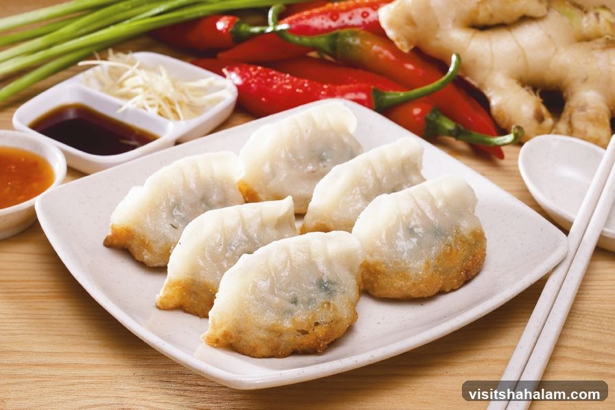 Pan-fried dumplings with dipping sauces and ingredients