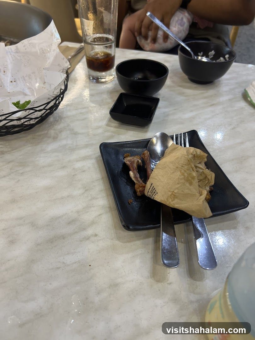 Table with leftover food and drinks