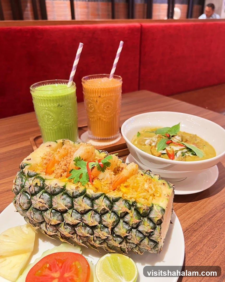 Pineapple Fried Rice with Green Curry and Drinks