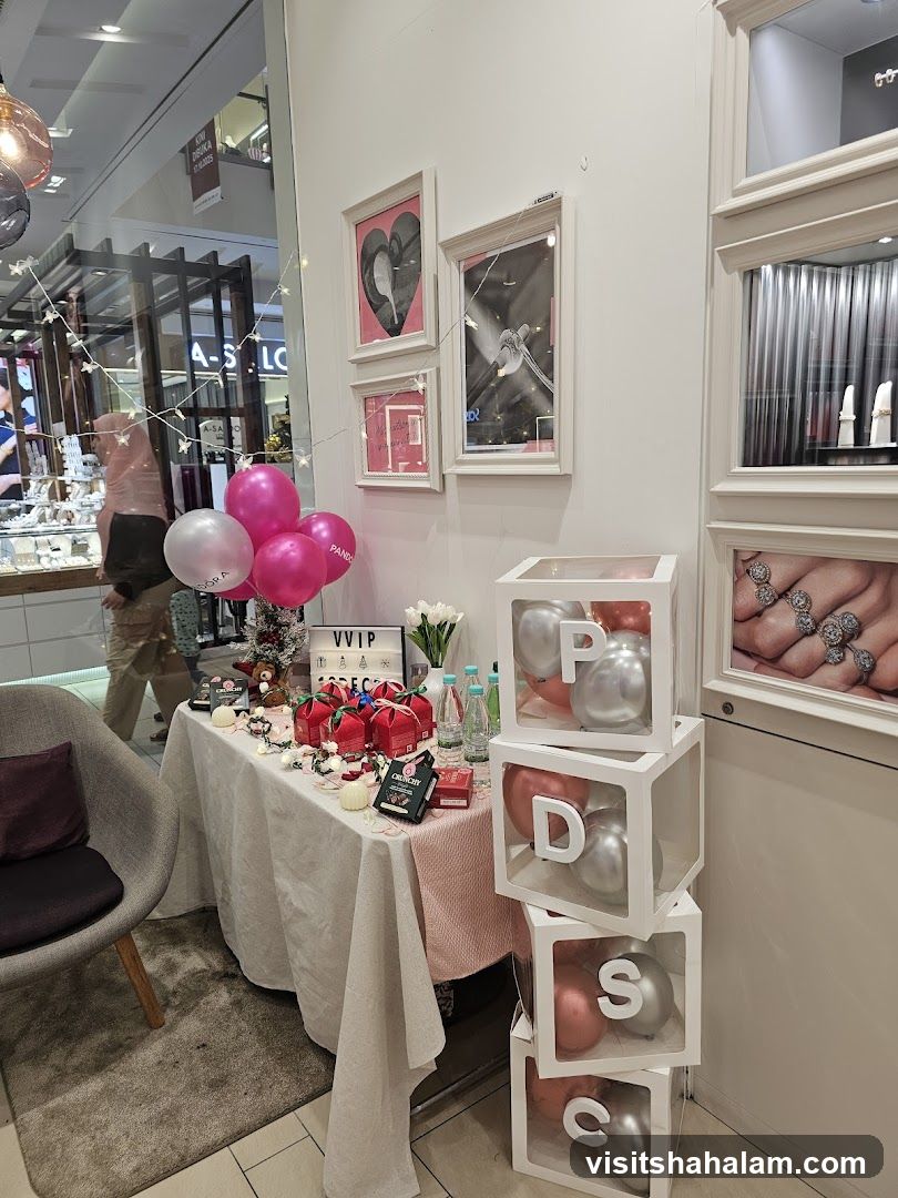 Jewelry store display with balloons and gifts
