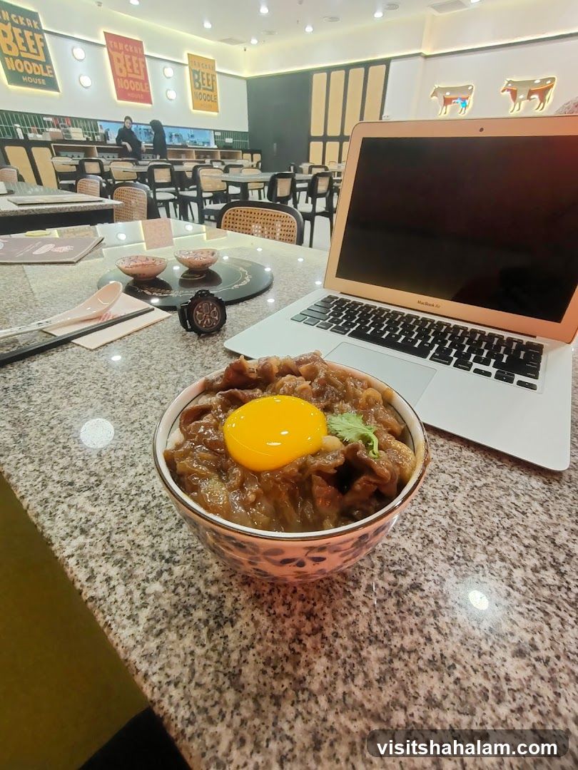 Beef Noodle Bowl with Laptop