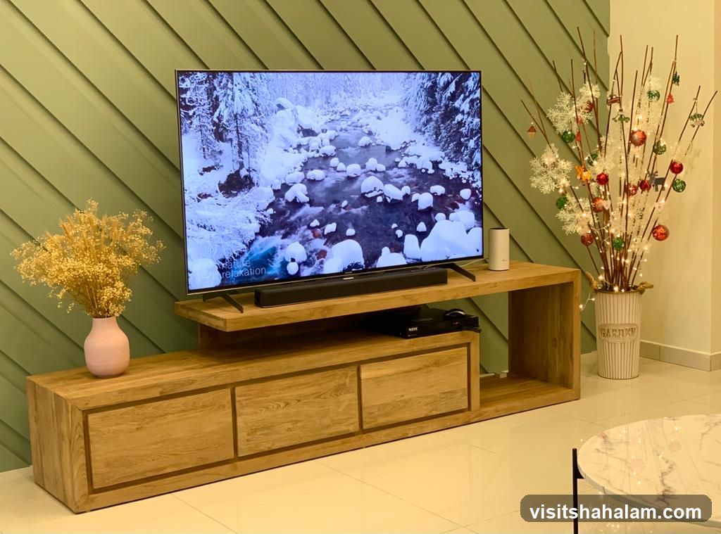 Living room entertainment center with nature scene on TV