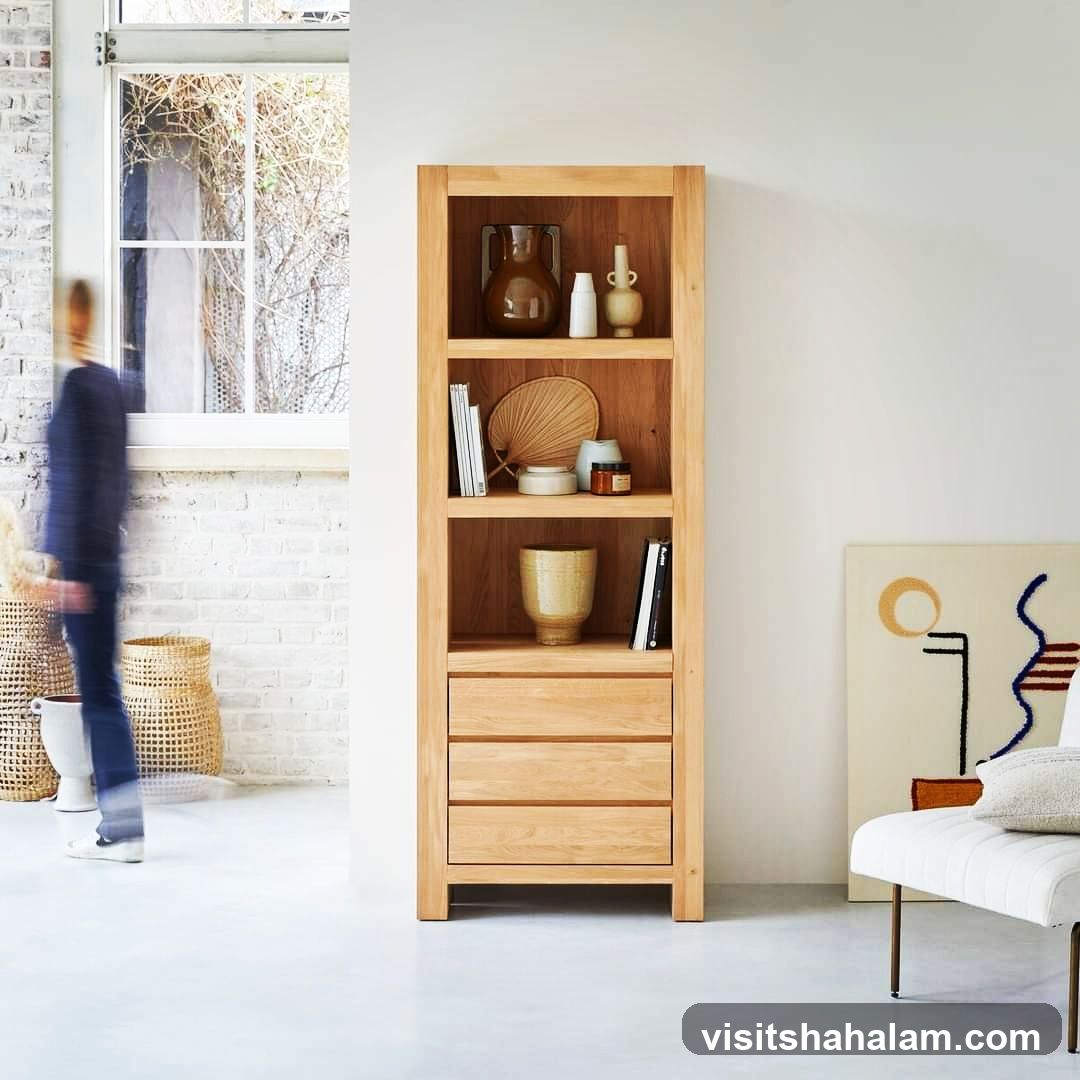 Wooden bookshelf with decorative items