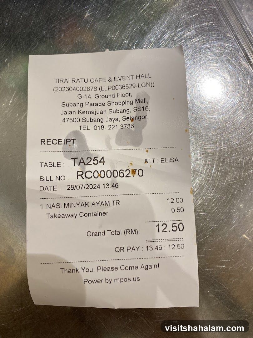 Receipt from Tirai Ratu Cafe & Event Hall