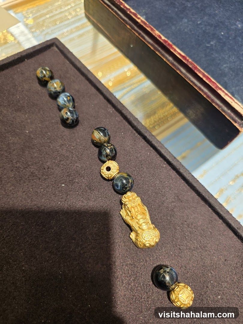 Gold Pixiu Charm with Blue Tiger's Eye Beads