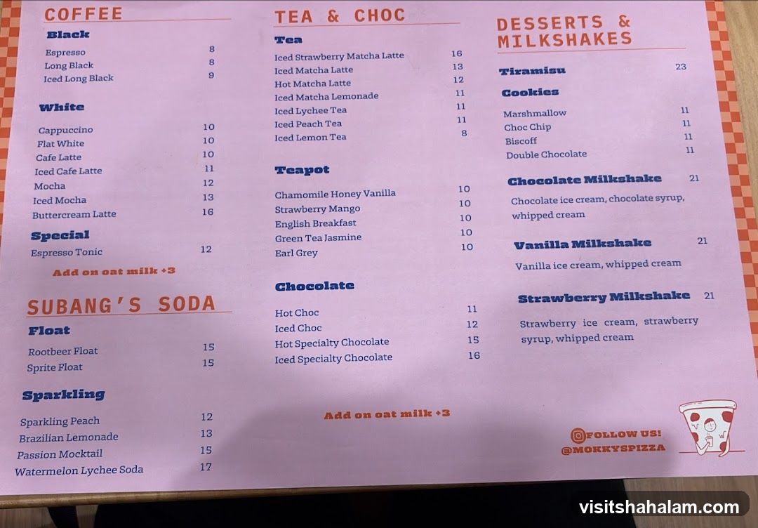 Coffee, Tea & Choc, Desserts & Milkshakes Menu