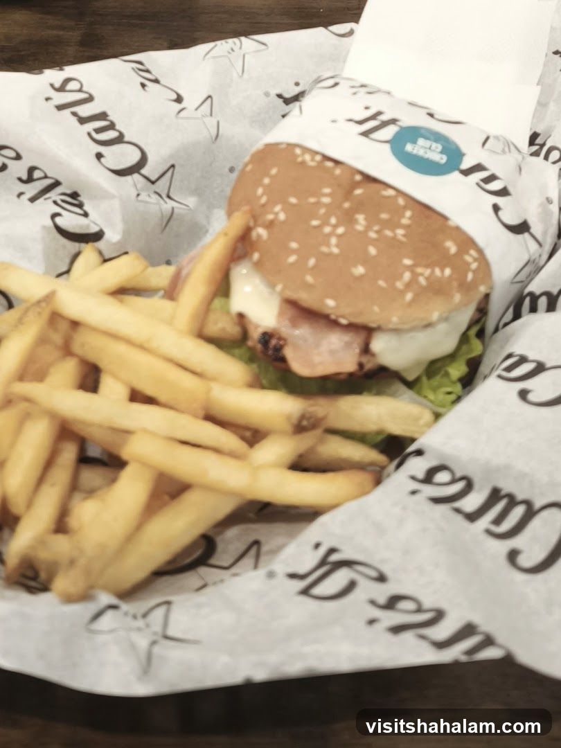 Carl's Jr. Chicken Club Burger and Fries