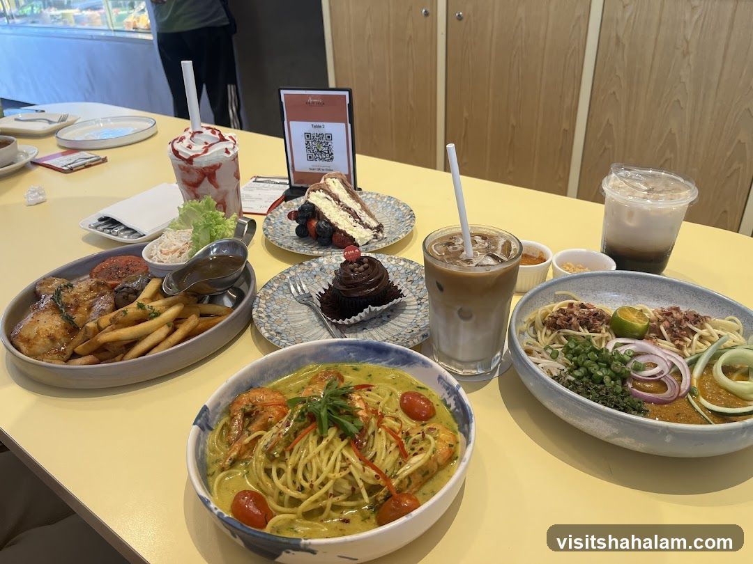 Table with various dishes and drinks