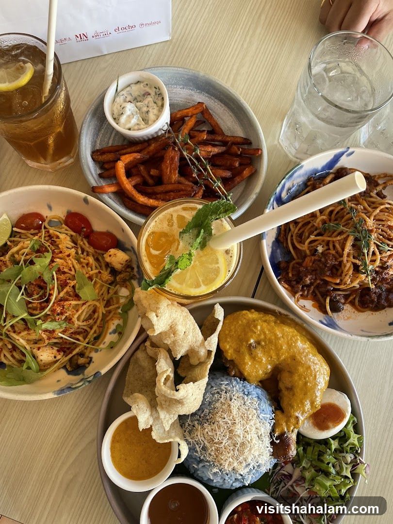 Table with various dishes and drinks