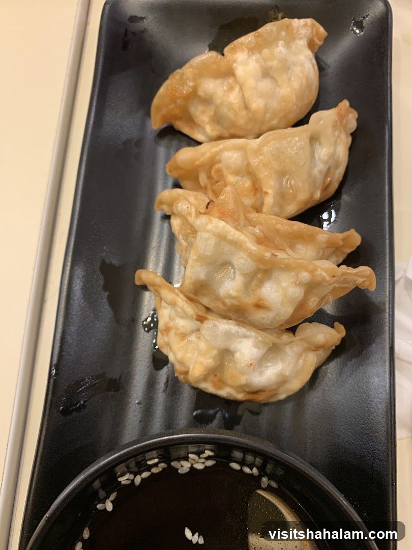 Pan-fried dumplings with dipping sauce