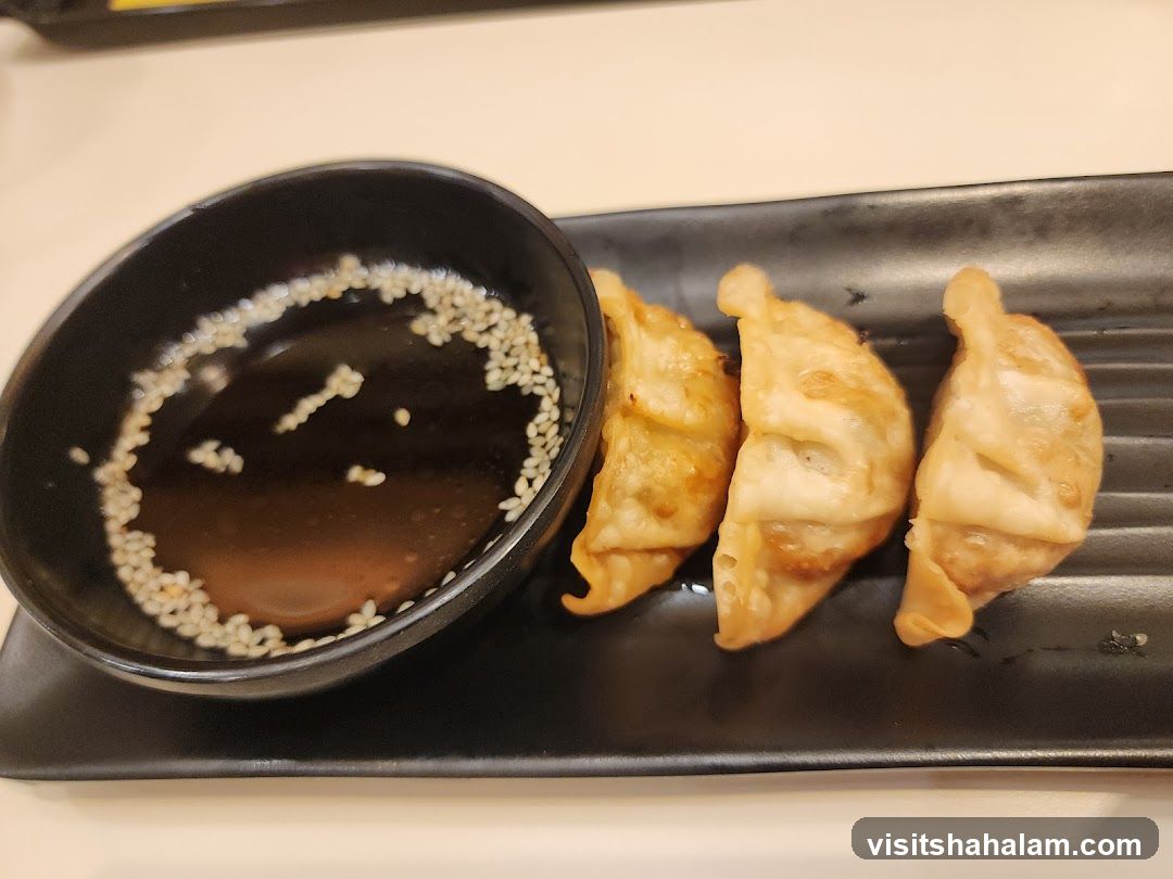 Pan-fried dumplings with dipping sauce