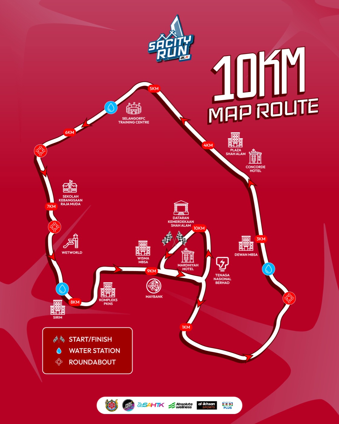 Official 10KM route map for SACity Run 2026 around Shah Alam civic area